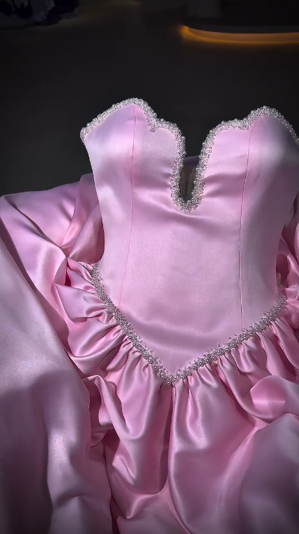 Elegant Pink Strapless Satin Beaded A Line Long Party Dress Birthday Prom Dress SP3027