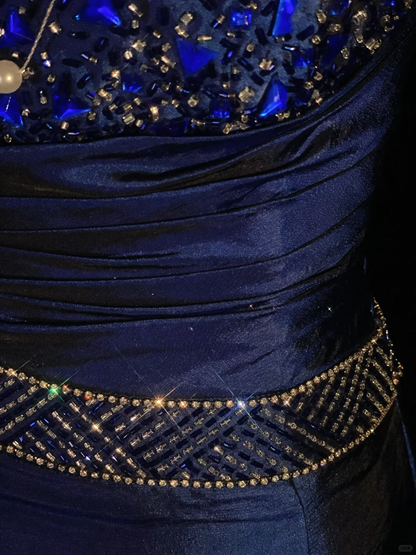 Gorgeous Spaghetti Straps Navy Blue Satin Beaded Mermaid Long Evening Dress Birthday Party Dress SP4075