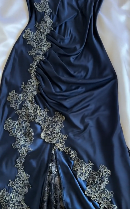 Vintage Navy Blue Satin Lace Appliques Mermaid Evening Dress Prom Dress Y8497