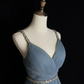 Simple Blue Tulle Beaded A Line Evening Dress,Spaghetti Straps V Neck Prom Dress Y8649