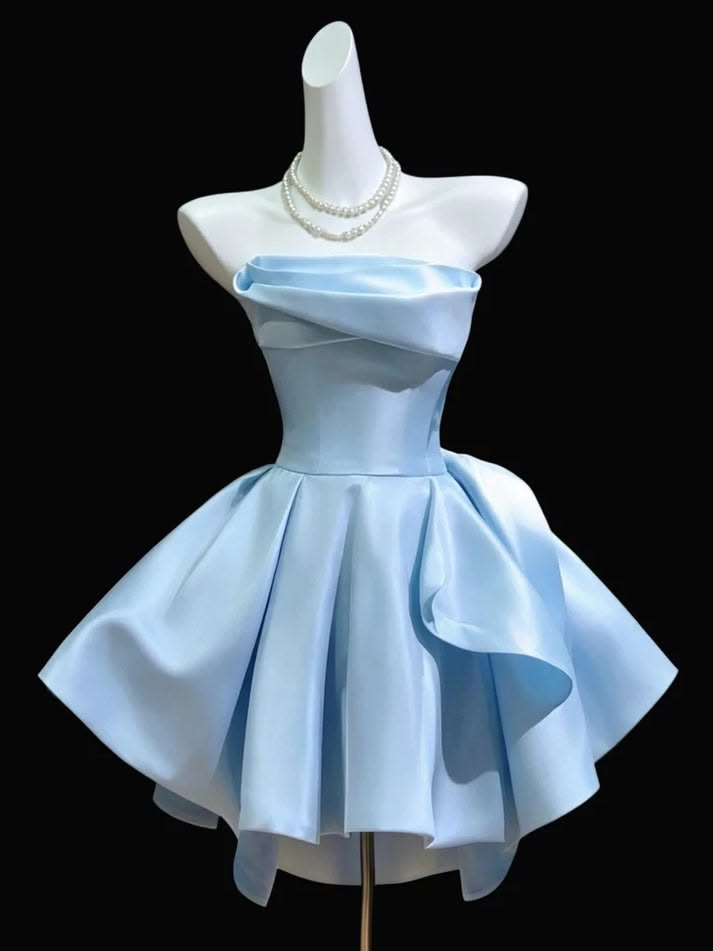 Cute Strapless Satin A Line Mini 15th Birthday Outfits,Blue Short Homecoming Dress SP3425