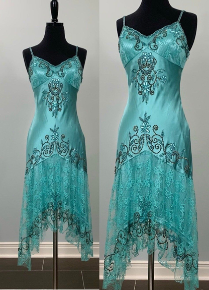 Classy Spaghetti Straps Blue V Neck Satin Lace Beaded Mermaid Party Dress Long Birthday Prom Gown SP814
