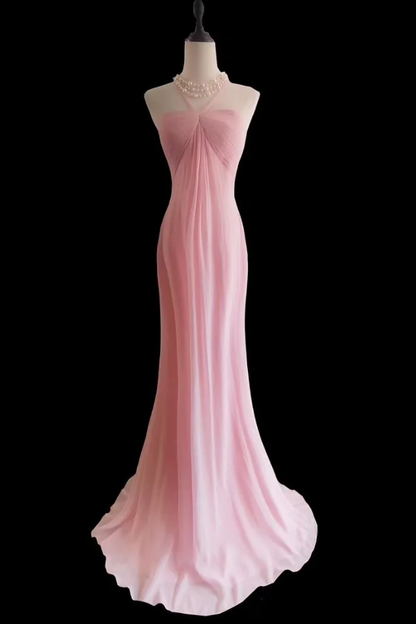 Sweet Pink Halter Chiffon Mermaid Party Dress Long Wedding Guest Dress SP420