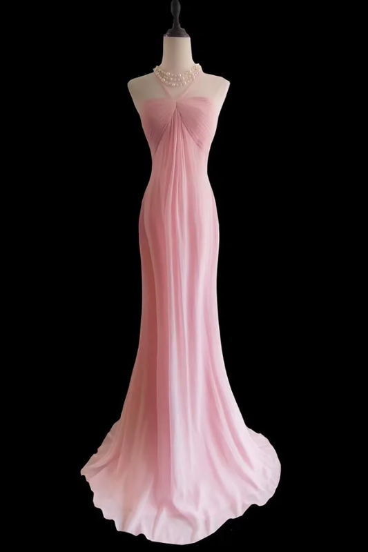 Sweet Pink Halter Chiffon Mermaid Party Dress Long Wedding Guest Dress SP420