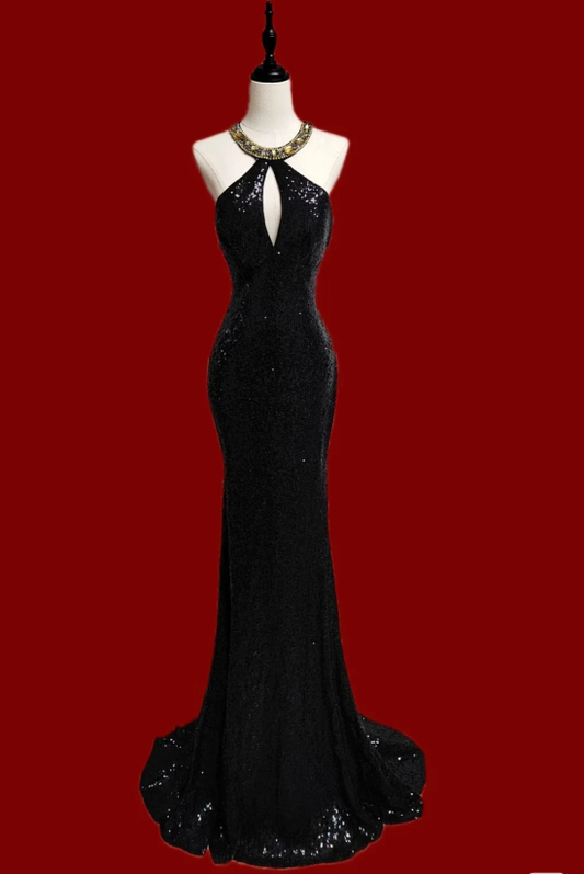 Classy Black Halter Sequin Beaded Mermaid Party Dress Long Prom Dress SP354