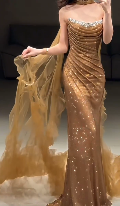 Glitter Gold Strapless Sequin Beaded Mermaid Long Party Dress Birthday Prom Dress SP1750