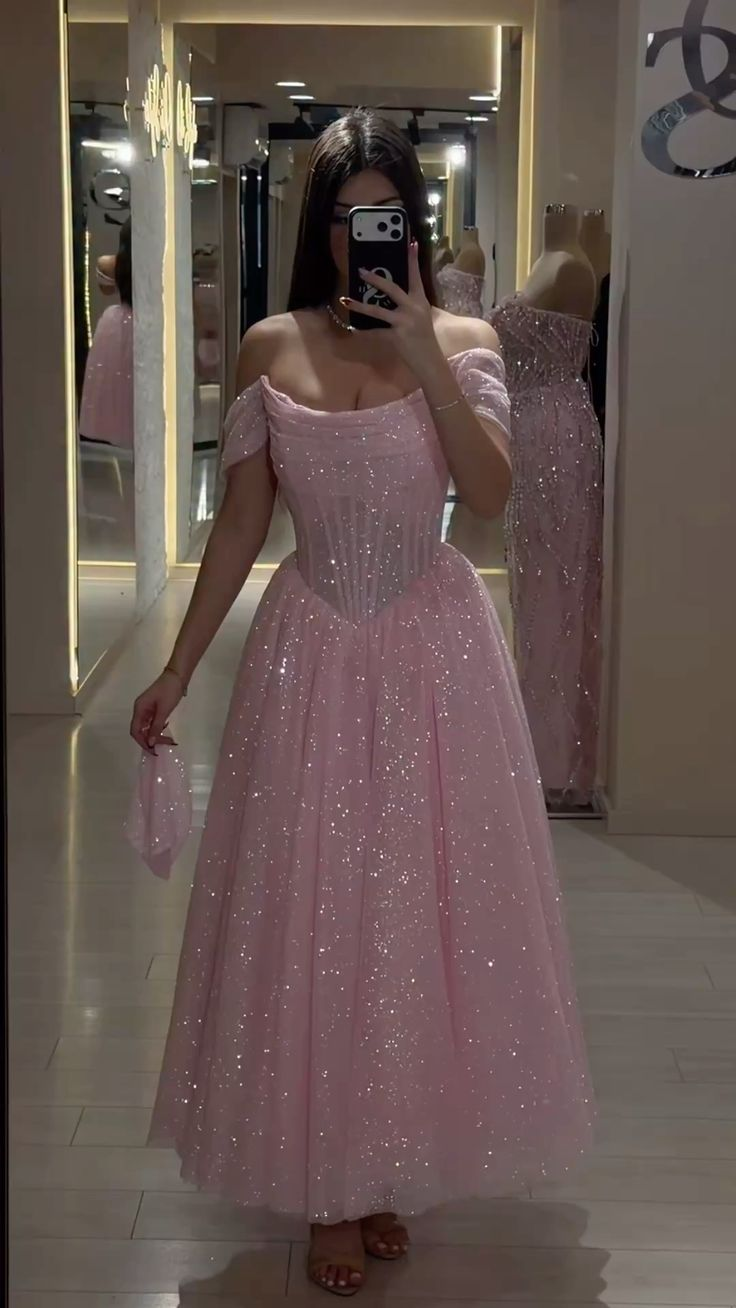 Glitter Off The Shoulder Pink Tulle Sequin A Line Long party Dress Prom Dress Dresses SP3743
