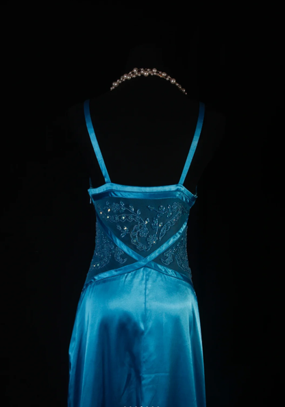 Charming Spaghetti Straps V Neck Satin Beaded Mermaid Long Evening Dress Blue 20th Birthday Outfits SP1691