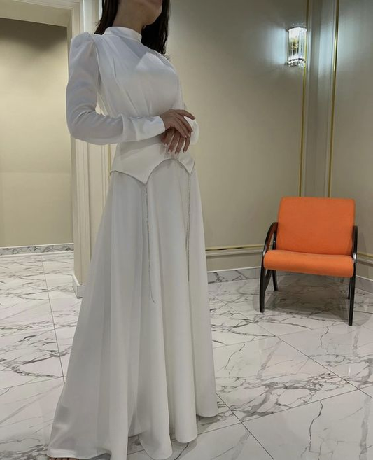 Chic White A-line Long Sleeve Evening Dress,Unique Prom Gown Y6885