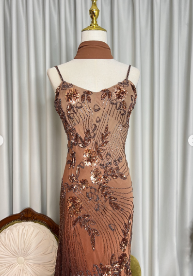 Retro Spaghetti Straps Ombre Chiffon Floral Sequin Beaded Prom Dress Long Party Gown With Ribbon SP627