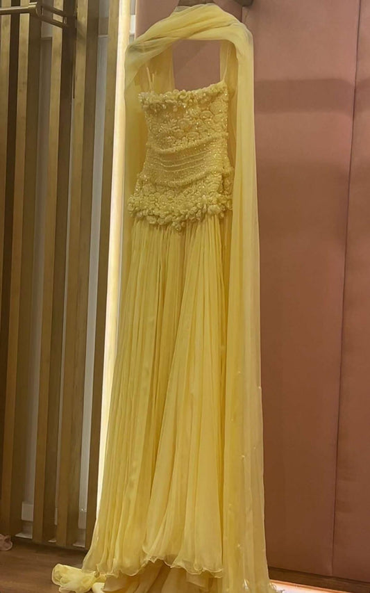 Pretty Yellow Spaghetti Straps Chiffon Beaded Long Party Dress Birthday Prom Dress SP2692