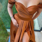 Burnt Orange Satin A-line Side Slit Long Evening Prom Dresses, Off Shoulder Prom Dress Y6746