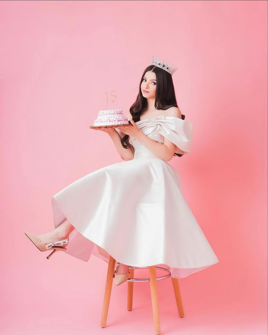 Cute White Off The Shoulder Satin Birthday Party Dress Sweet 15 Dress Short Prom Dress Y2583