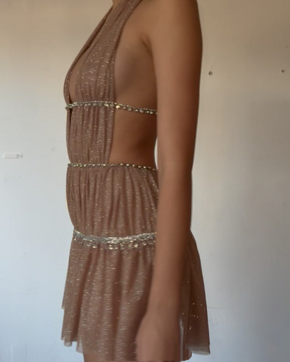 Sparkly Halter Deep V Satin Sequin Beaded Short Graduation Homecoming Dress 19th Birthday Outfits SP43