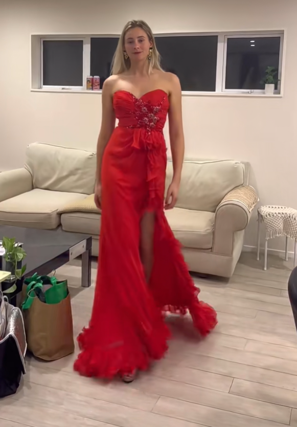 Pretty Strapless Beaded Chiffon Ruffles Mermaid Long Party Dress Red Slit Prom Dresses SP415