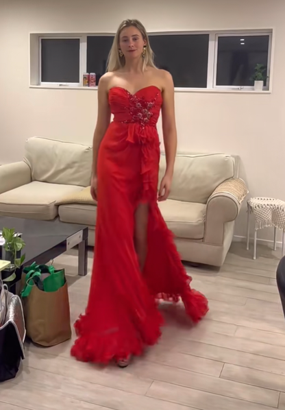 Pretty Strapless Beaded Chiffon Ruffles Mermaid Long Party Dress Red Slit Prom Dresses SP415
