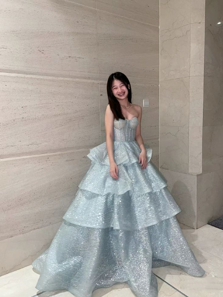 Glitter Blue Strapless Sequin Layered Birthday Ball Gown Formal Princess Quinceanera Dress SP1134