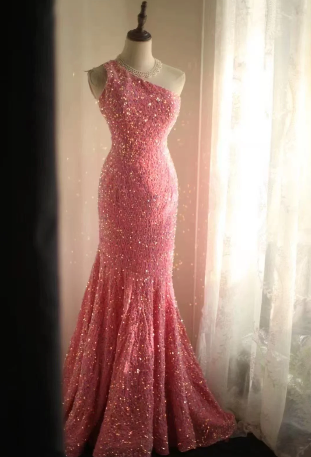 Shiny One Shoulder Pink Sequin Mermaid Evening Dress Long Wedding Guest Dress SP1171