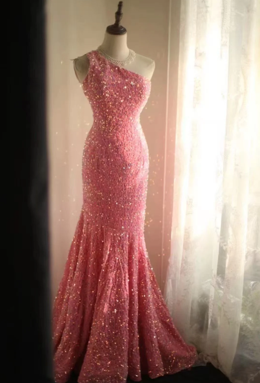 Shiny One Shoulder Pink Sequin Mermaid Evening Dress Long Wedding Guest Dress SP1171