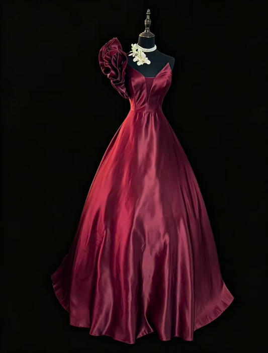 Vintage One Shoulder Ball Gown Burgundy Satin Ruffles Long Party Dress SP2768