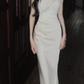 Pretty One Shoulder White Satin Beaded Mermaid Long Party Dress Formal 18th Birthday Outfits SP2006