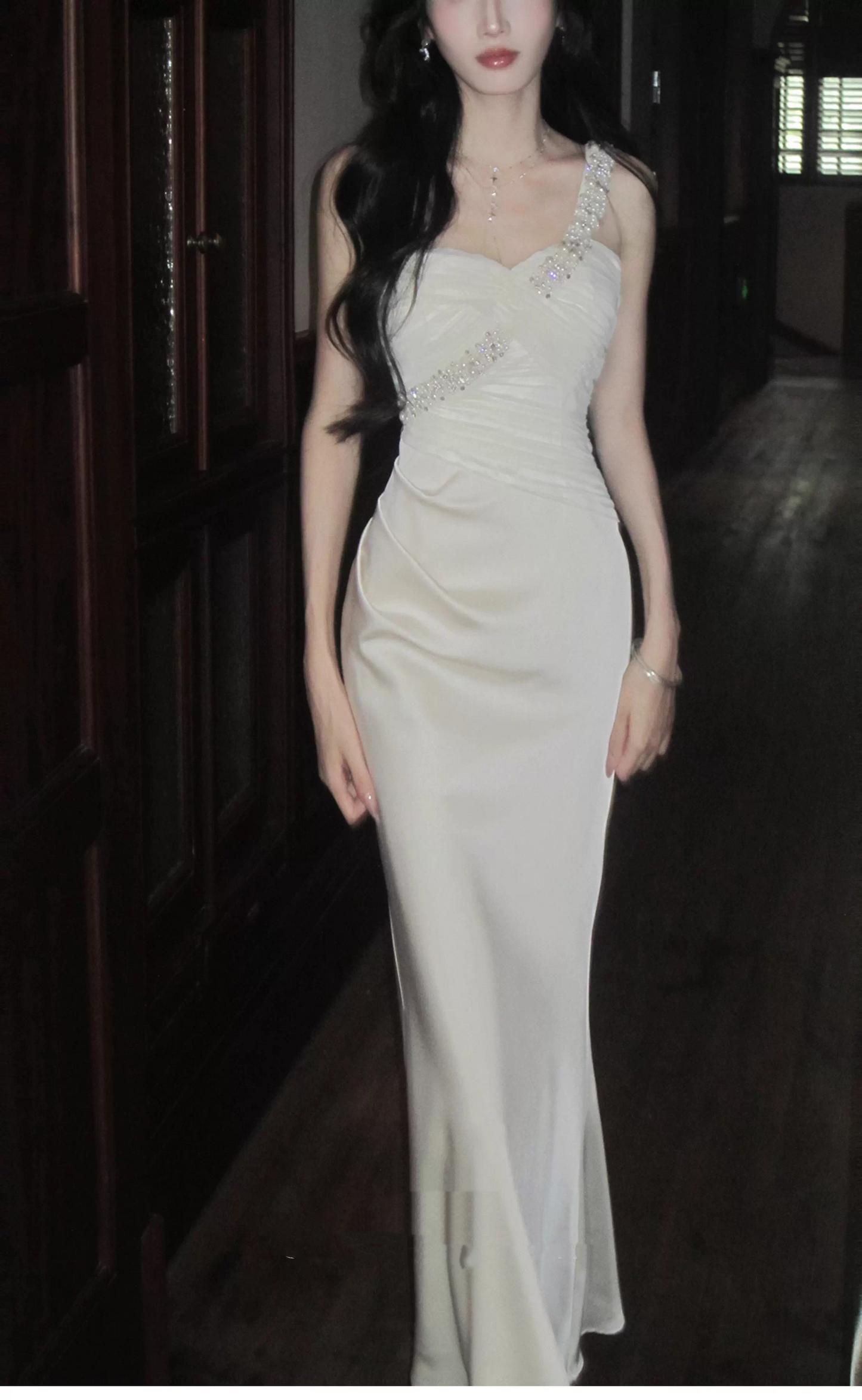 Pretty One Shoulder White Satin Beaded Mermaid Long Party Dress Formal 18th Birthday Outfits SP2006