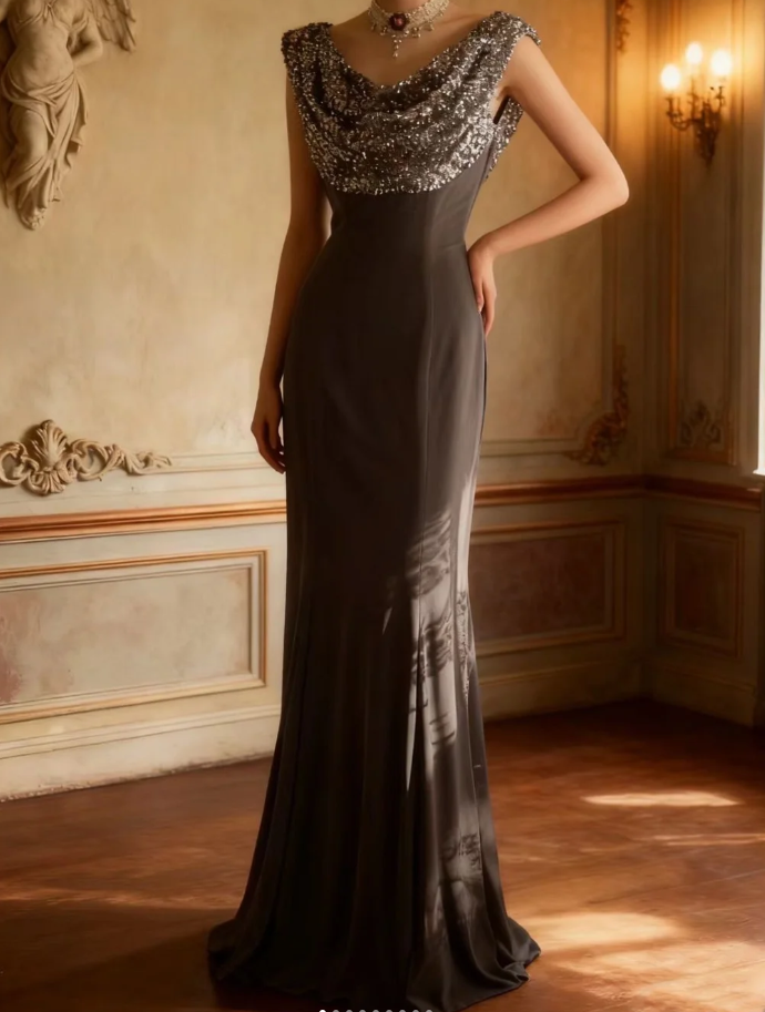 Retro Sleeveless Sequin Satin Mermaid Long Wedding Guest Dress Evening Gown SP1023