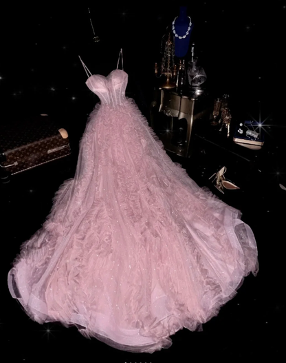 Classy Spaghetti Straps Tulle Sequin Pink Mermaid Evening Dress Long Prom Gown SP877