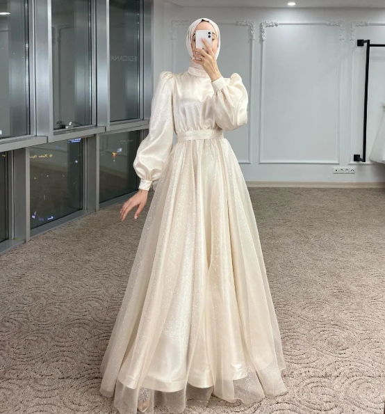 Modest A-line Navy Blue Tulle Long Sleeves Prom Dress,Muslim Dress  Y5848