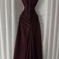 Charming Burgundy Spaghetti Straps Satin Pleated Mermaid Long Wedding Guest Dress Evening Dress SP1332