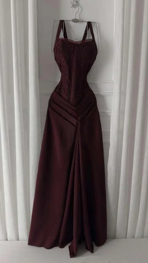 Charming Burgundy Spaghetti Straps Satin Pleated Mermaid Long Wedding Guest Dress Evening Dress SP1332