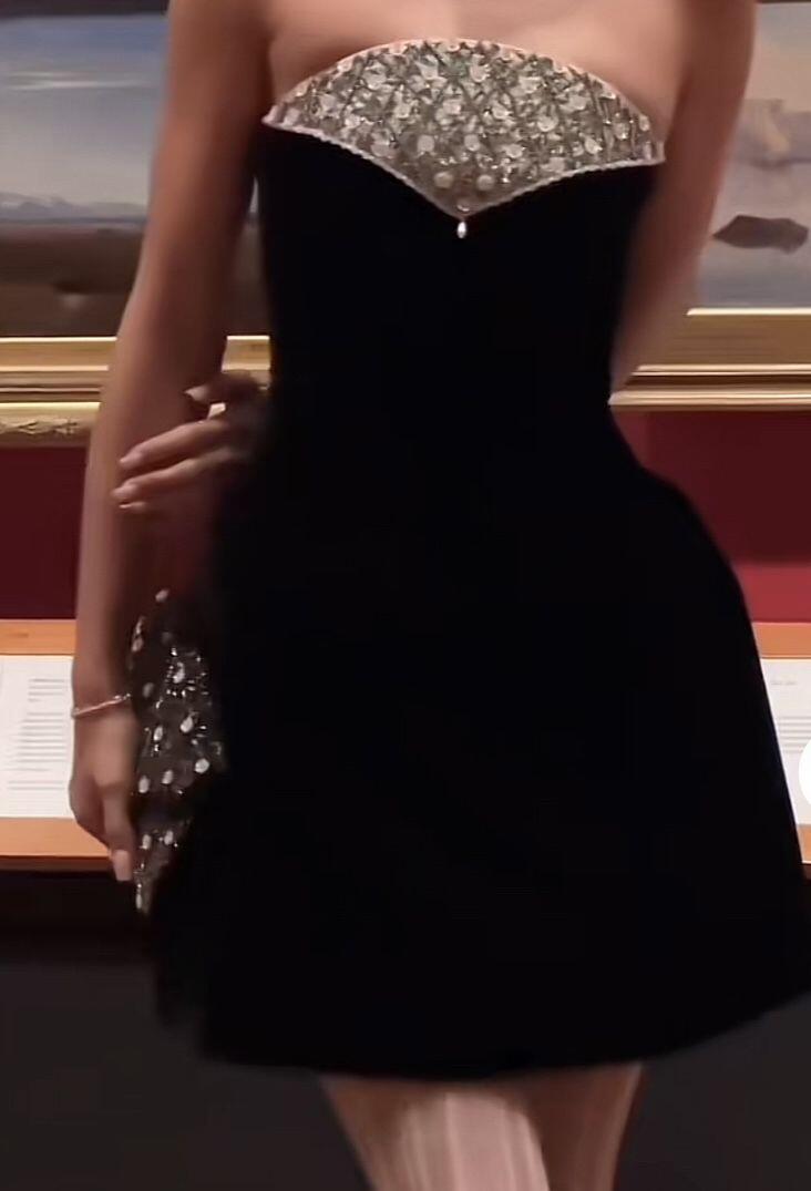 Chic Strapless Satin Beaded Mini Birthday Dress,Black Short Graduation Homecoming Dress SP3447