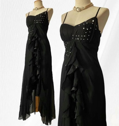 Vintage Black Spaghetti Strap Mermaid Chiffon Beaded Prom Dress Party Gown Y8781