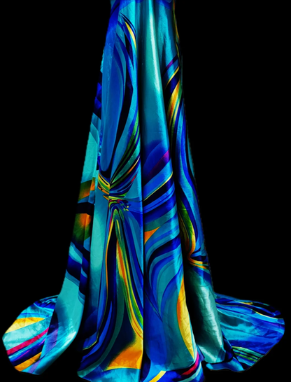 Unique Blue Halter Satin Print Floral Beaded Mermaid Prom Dress Evening Gown SP567