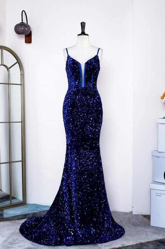 Royal Blue Sequins Spaghetti Straps Mermaid Long Prom Dress Y5734