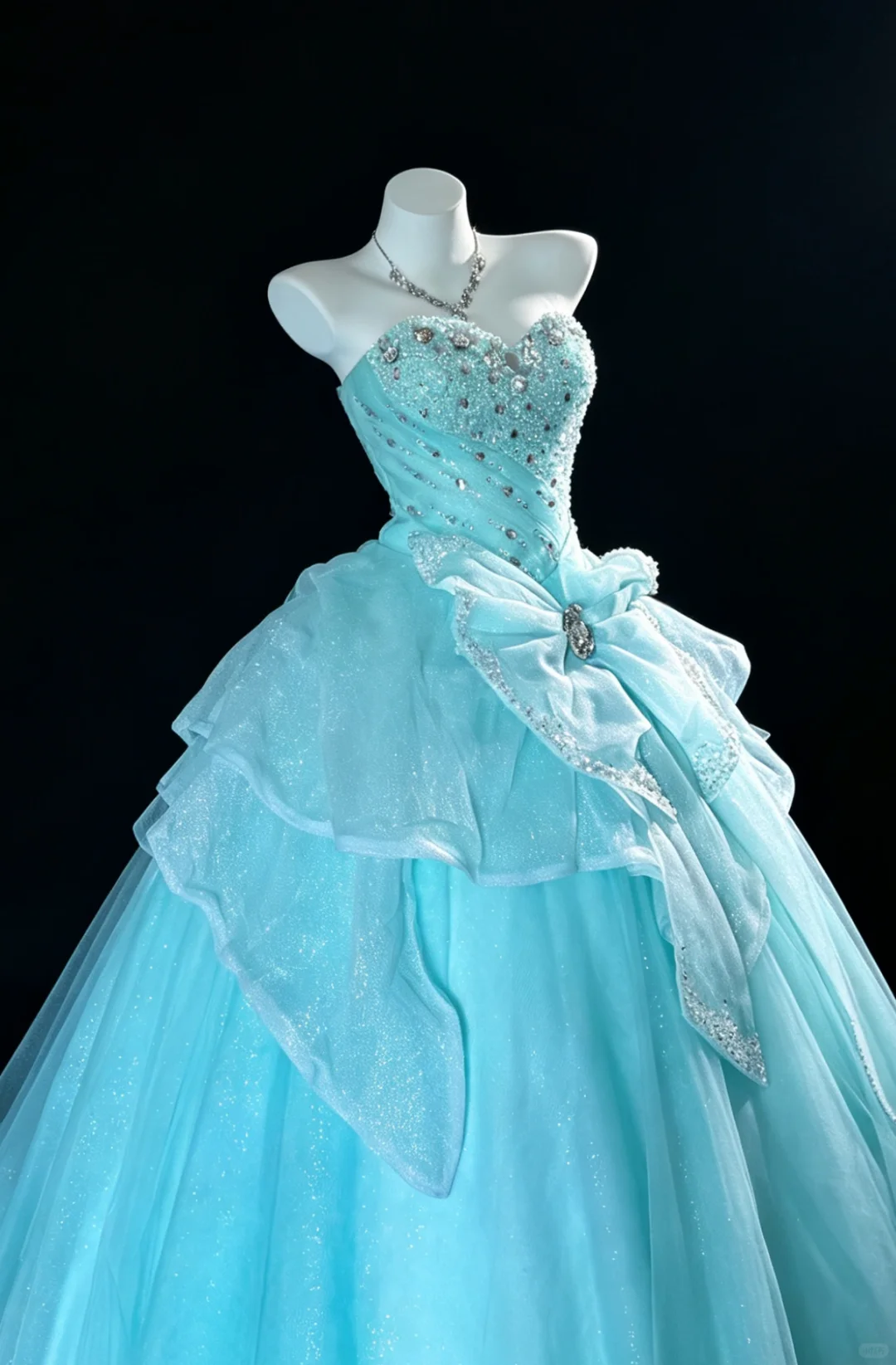 Elegant Blue Strapless Sweetheart Aqua Glitter Tulle Ball Gown Crystal Beaded Big Bow Tiered Ruffle Long Quinceanera Dress SP2734