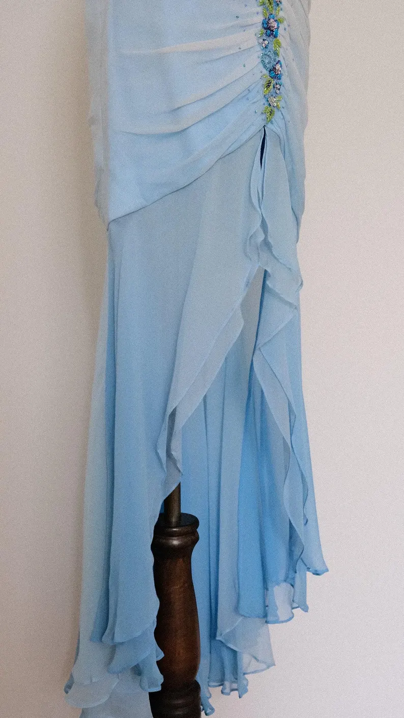 Elegant V Neck Ombre Blue Chiffon Beaded Mermaid Long Party Dress Evening Gown SP2287