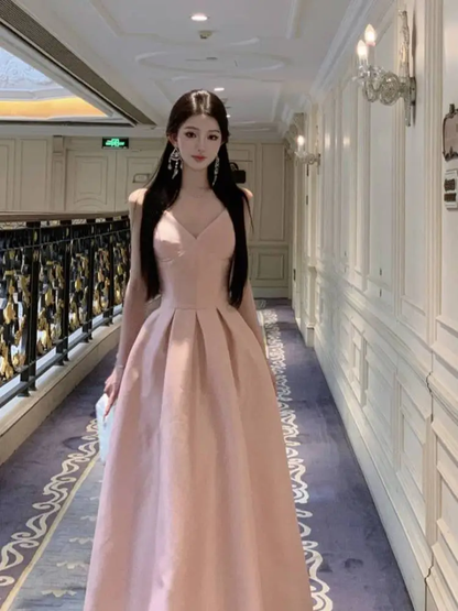 Cute Spaghetti Straps V Neck Satin A Line Long wedding Guest Dress Pink Evening Dress Prom Dress SP2291