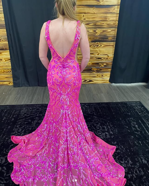 Luxury Deep V Neck Mermaid Evening Dress Pink Formal Prom Dress Y7819