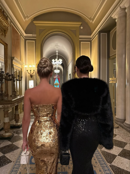 Sparkly Strapless Gold Sequin Mermaid Long Wedding Guest Dress Evening Gown SP1105