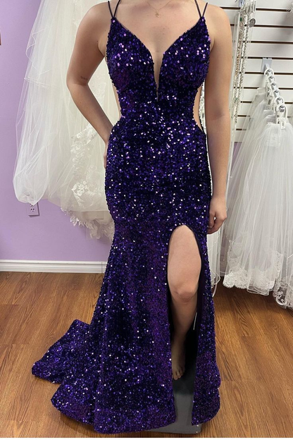 Purple Sequin Straps Mermaid Long Prom Dress Y5642
