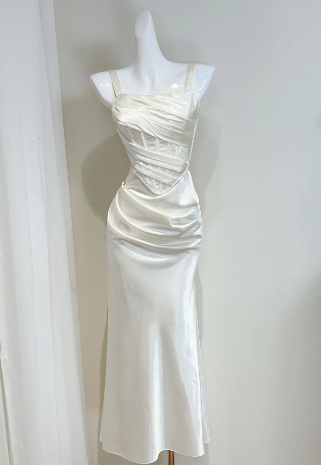 Charming Ivory White Satin Pleated Mermaid Long Bridesmaid Dress SP427