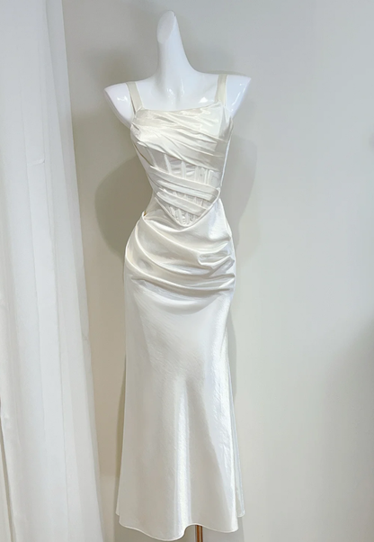 Charming Ivory White Satin Pleated Mermaid Long Bridesmaid Dress SP427