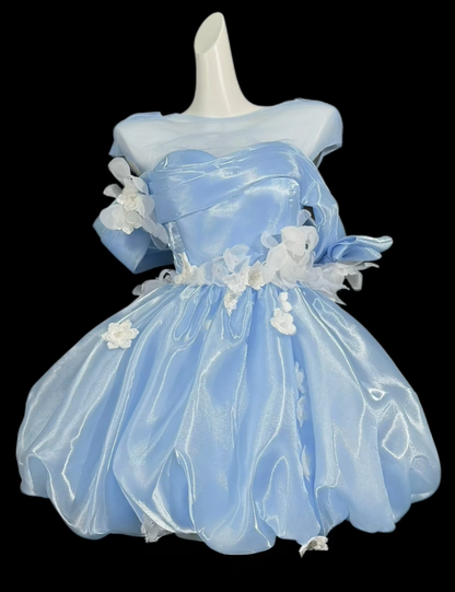 Charming Blue Tulle Appliques A Line Short Homecoming Dress,Off The Shoulder Mini 20th Birthday Outfits SP3551