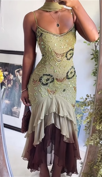 Classy Spaghetti Straps Sage Green Chiffon Beaded Mermaid Long Party Dress Birthday Outfits SP902