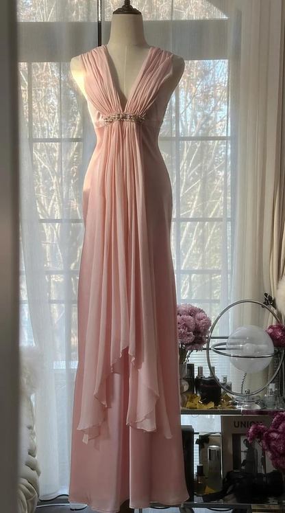 Simple Pink Deep V Satin Chiffon Backless Party Dress Evening Dress Y8742