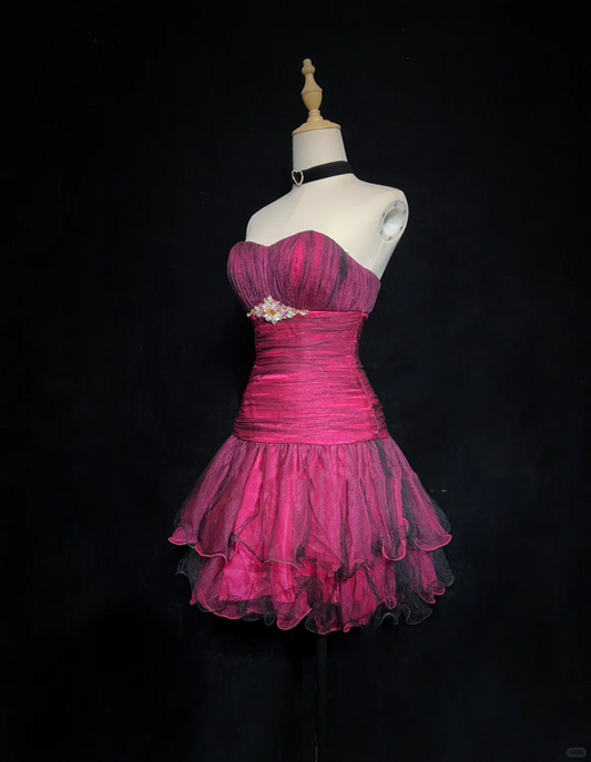 Elegant Hot Pink Spaghetti Straps Tulle Beaded A Line Short Homecoming Dress Cocktail Dress SP2902