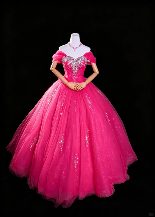 Pretty Off Shoulder Hot Pink Glitter Tulle Ball Gown Crystal Rhinestone Sweetheart Quinceanera Dress Sweet 15 Dress SP2732
