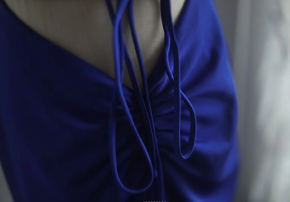 Sexy Spaghetti Straps Royal Blue Backless Satin Long Wedding Guest Dress Party Gown SP753