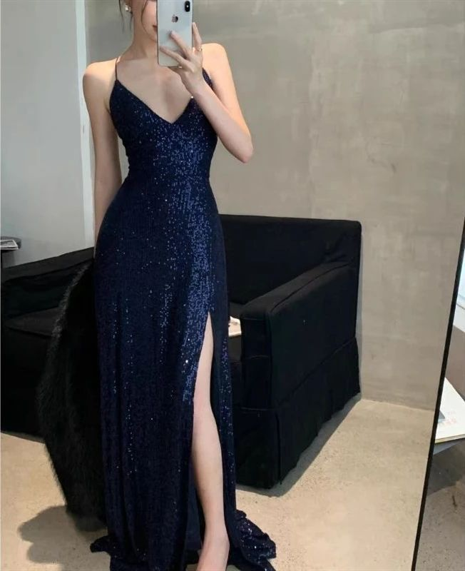 Sexy Navy Blue V Neck Slit Evening Dress Long Prom Dress Y7798